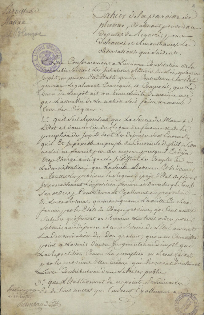Première page du Cahier de Doléances de la paroisse de Plassac, photographiée aux Archives Départementales de la Charente.